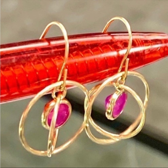10k Yellow Gold 2 Carat Ruby Orbiting Dangle Saturn Spinning Drop Earrings - Picture 7 of 12